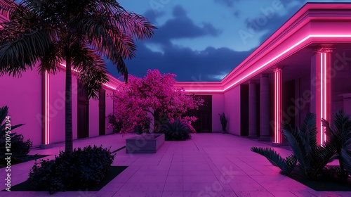 Pink neon-lit courtyard at night, tropical plants, tranquil scene, ideal for luxury real estate