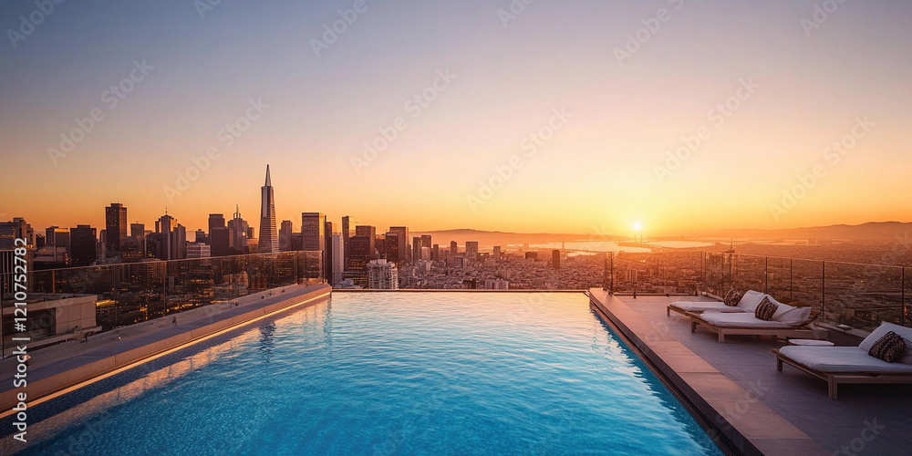 Fototapeta premium Relaxing sunset view from rooftop pool in city skyline