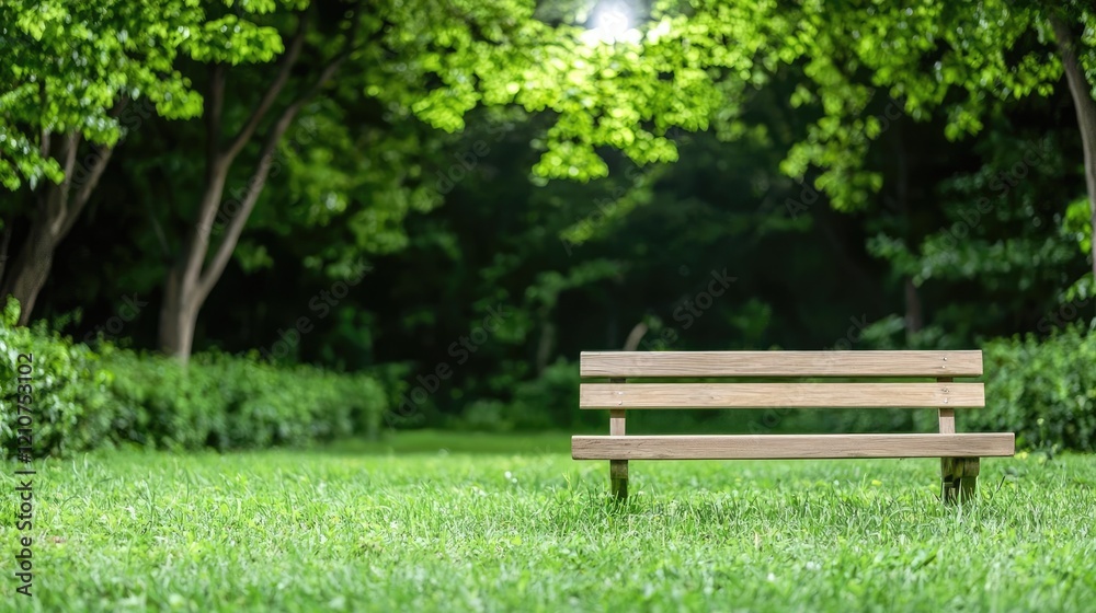 Tranquil park bench, lush green foliage background, serene setting, perfect for relaxation and contemplation Tranquil park bench, lush green foliage background, serene setting, perfect for relaxation and contemplation