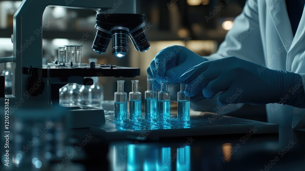 Working in micro labs to analyze human health in a hospital glare of orange light Working in micro labs to analyze human health in a hospital glare of orange light