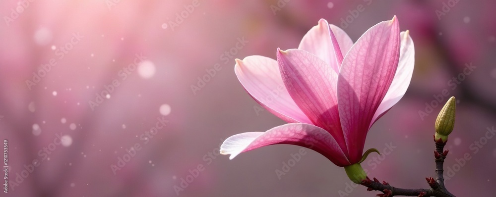 Obraz premium A pink magnolia's stem is adorned with delicate white and green markings, pink, magnolia