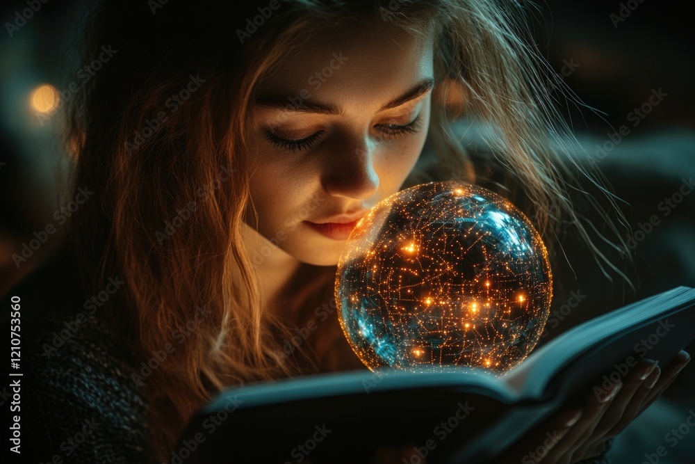 Naklejka premium A woman sits reading a book while holding a crystal ball, possible use for this picture is for mystical or magical themed projects