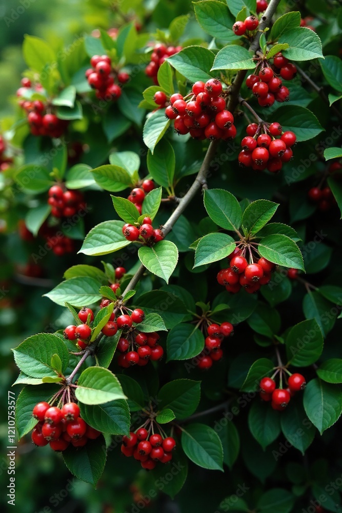 Fototapeta premium Bush covered in green leaves with ripe red berries, tree, plant
