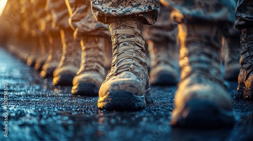 Uniformed soldiers march in formation on a military base during sunset training session in the evening