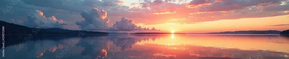Fototapeta premium Clouds are reflected in a calm lake's surface at sunset, photography, cloud reflections,