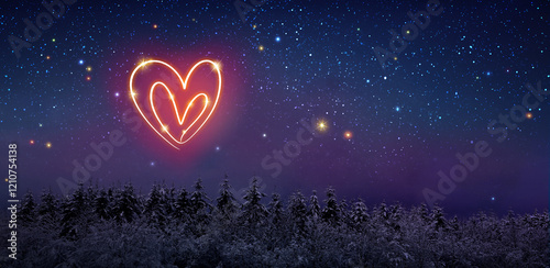 Two glowing valentines day hearts isolated on sky background