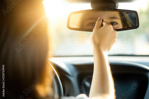 A woman looks into the rearview mirror of her car, likely checking for traffic or adjusting her reflection photo