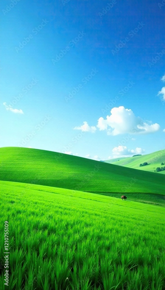 Obraz premium Blue skies with green fields stretching far and wide, green fields, landscape, scenery