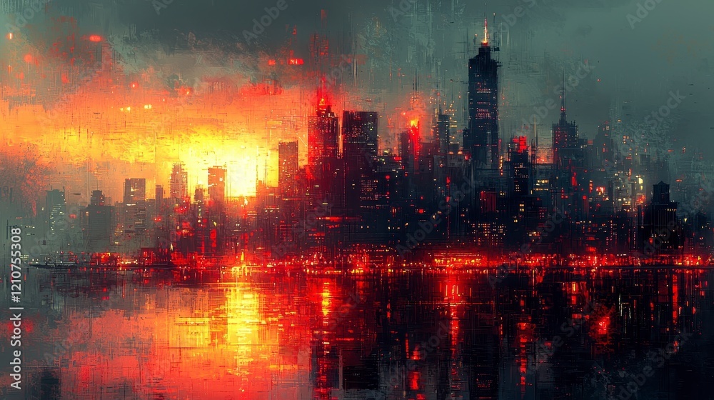 Fototapeta premium Fiery sunset cityscape reflected in water, dark buildings, dramatic sky.