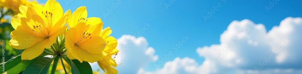 Obraz premium Yellow rhododendron blooms in a clear blue sky with fluffy white clouds, yellowrhododendronblueclearskywhiteclouds, blooming, sunflower