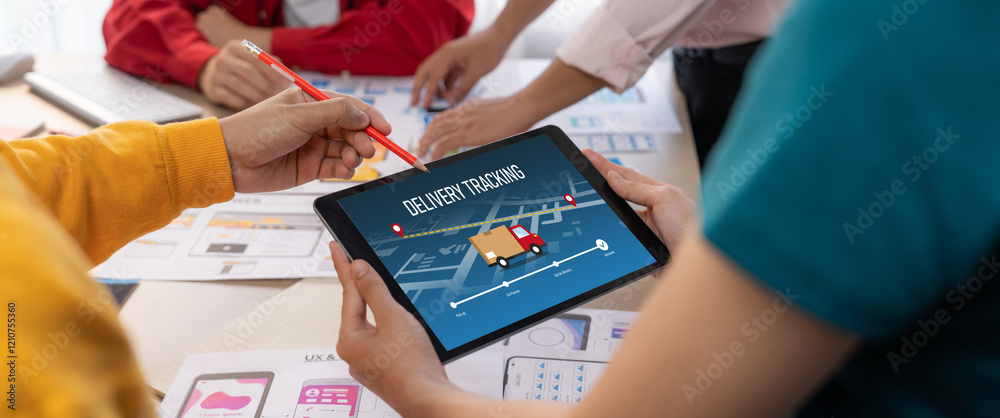 Obraz premium Delivery tracking system for e-commerce and brisk online business to timely goods transportation and delivery