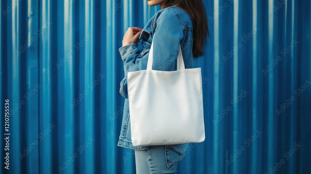 custom made wallpaper toronto digitalWoman holding blank tote bag, blue wall background, mockup