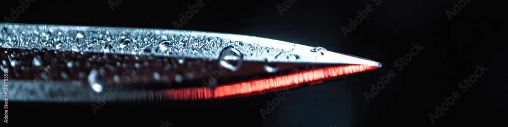 Close-up of Water-Covered Metallic Point with Red Illumination