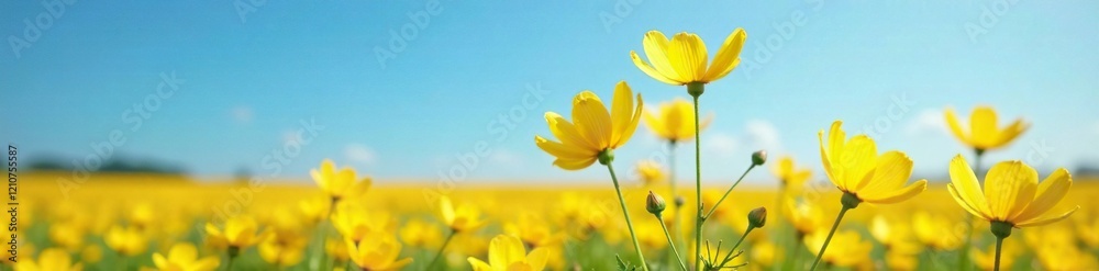 Bright yellow cosmos petals against a clear blue sky, field, sunny Bright yellow cosmos petals against a clear blue sky, field, sunny