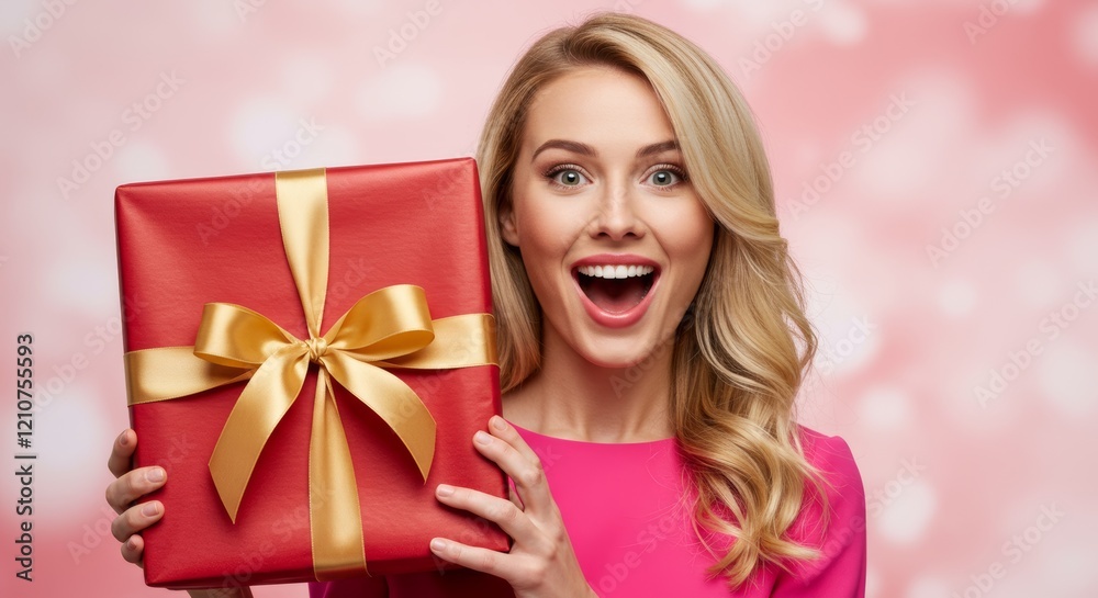Very happy and shocked woman holding a big gift box in her hand for Valentine's Day
Very happy and shocked woman holding a big gift box in her hand for Valentine's Day