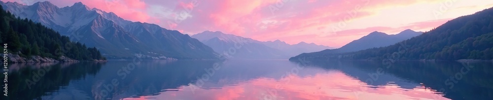 Soft pink clouds float above serene lake surface at dusk, alpine, serene, lake Soft pink clouds float above serene lake surface at dusk, alpine, serene, lake