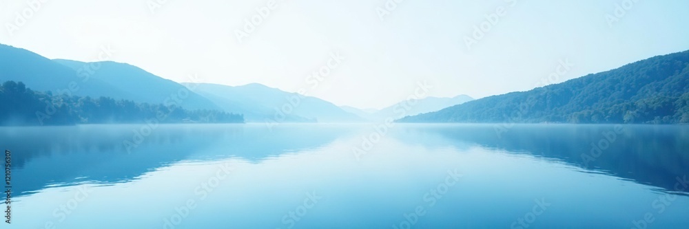 Calming blue to white gradient on a peaceful lake scene, reflection, nature Calming blue to white gradient on a peaceful lake scene, reflection, nature