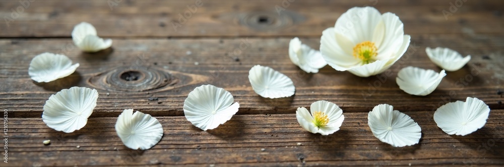 Delicate white poppy petals scattered on a wooden table, rustic, vintage, simplicity Delicate white poppy petals scattered on a wooden table, rustic, vintage, simplicity
