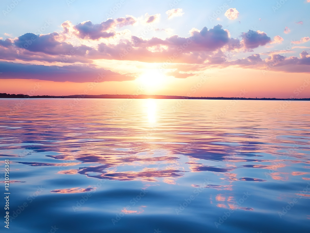 Obraz premium Vibrant Sunset Over Calm Ocean with Reflective Water and Colorful Sky : Generative AI