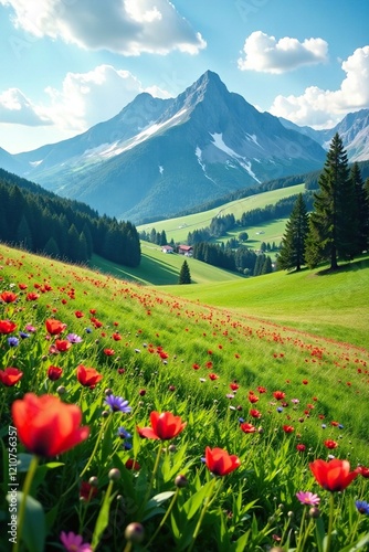 Alpakas auf einer wundersch?nen Wiese mit Kissen, berg, Landschaft, blumen photo