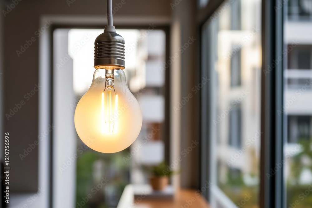 A glowing light bulb hangs in front of a window, blending innovation with a vibrant, modern urban backdrop. A glowing light bulb hangs in front of a window, blending innovation with a vibrant, modern urban backdrop.