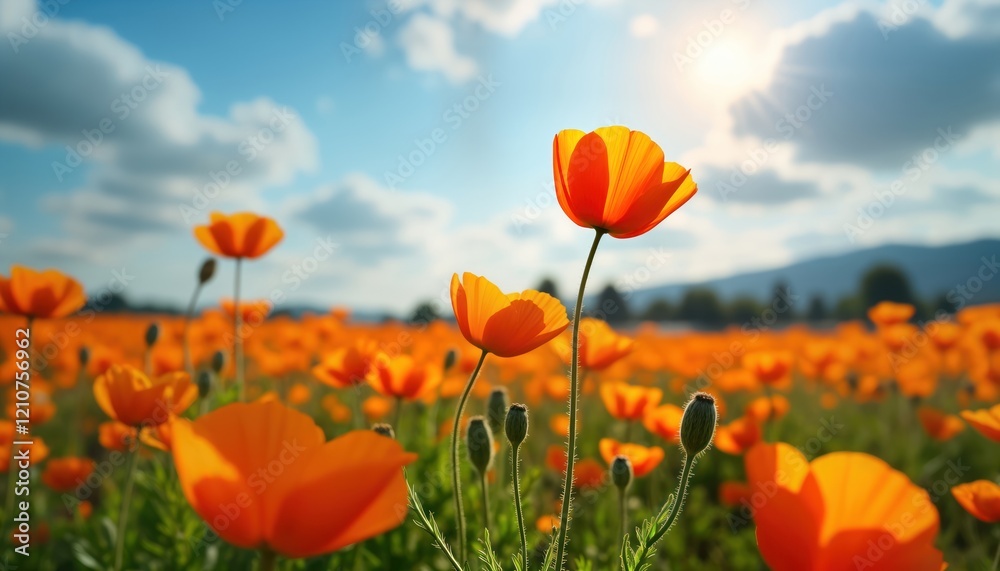 Naklejka premium Vibrant orange poppies bloom in sunny California field against bright blue sky. Rich plants surrounds flowers. Beautiful vibrant colours create cheerful, peaceful scene. Perfect example of spring