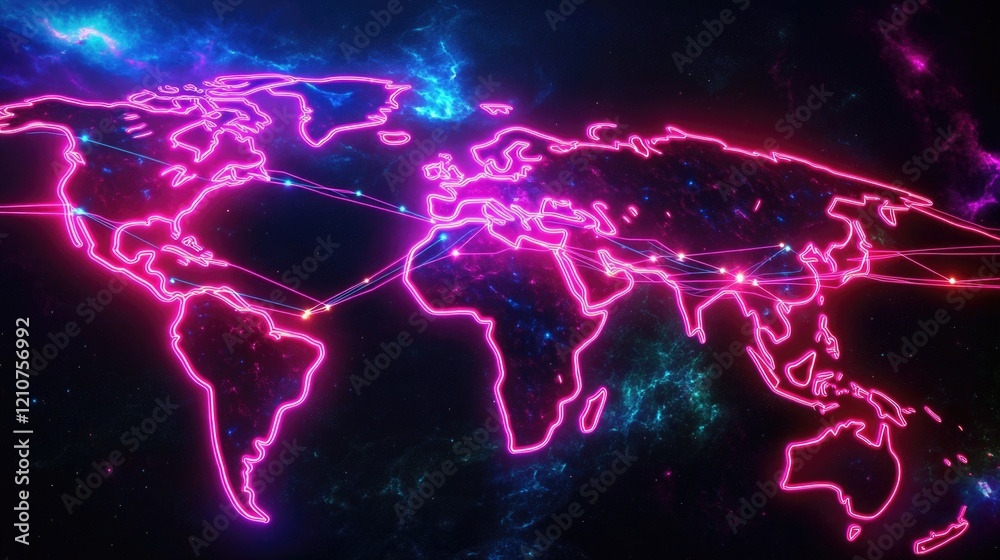 Naklejka premium Map illuminated by neon lights, ideal for futuristic or technological backgrounds