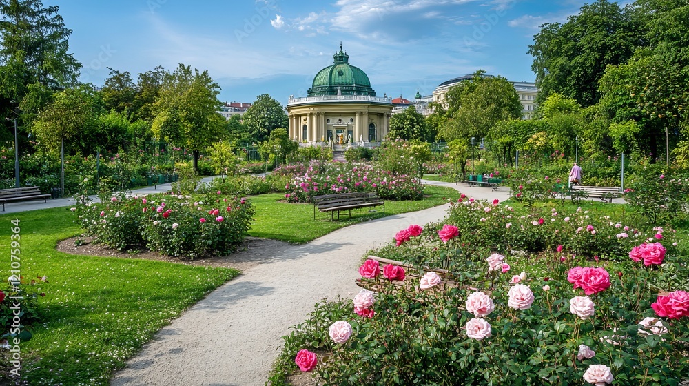 Obraz premium Roses of many varieties bloom in Vienna's Rosengarten Volksgarten. Among them are pink and white Floribunda roses.