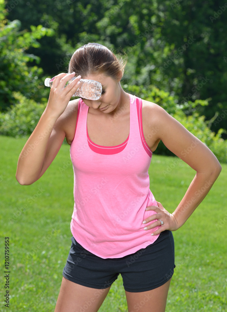 Beautiful young Caucasian woman in workout gear pauses from outdoor work-out - looking miserable as she holds a bottle of water to head to cool down Beautiful young Caucasian woman in workout gear pauses from outdoor work-out - looking miserable as she holds a bottle of water to head to cool down