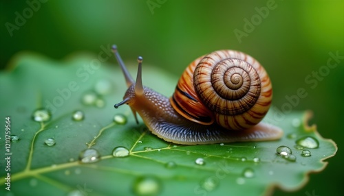 Closeup macro photo of snail on green leaf. Snail intricate shell patterns. Water droplets on leaf. Serene outdoor setting. Peaceful natural beauty. Midday sun highlights details. Snail moves slowly photo