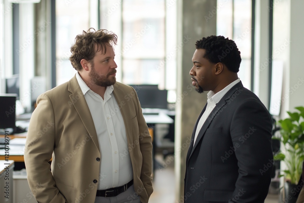 Intense Office Discussion: Two Men in Suits with Serious Expressions Intense Office Discussion: Two Men in Suits with Serious Expressions