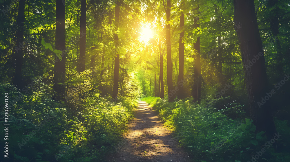 Sunlight streams through the dense canopy of a lush forest, illuminating the path ahead. Enchanted Glade. Illustration