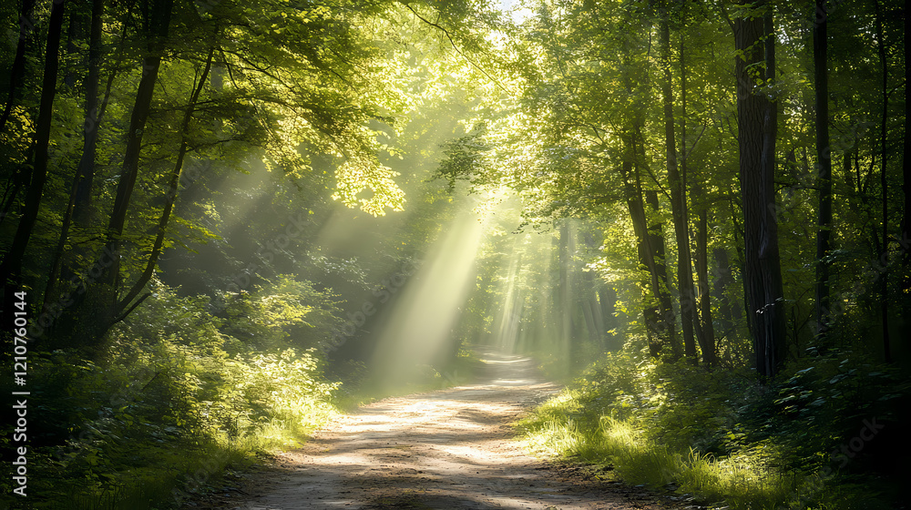 Sunlight streams through the dense canopy of a lush forest, illuminating the path ahead. Enchanted Glade. Illustration Sunlight streams through the dense canopy of a lush forest, illuminating the path ahead. Enchanted Glade. Illustration