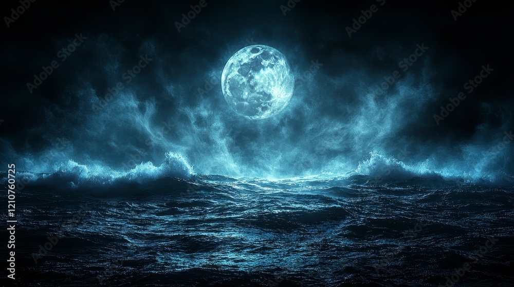 Full moon over stormy ocean at night. Full moon over stormy ocean at night.