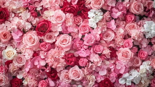 Stunning pink rose bush in full bloom, captured up close for a vibrant floral backdrop. photo