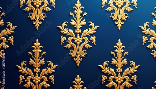 Luxurious royal blue velvet background displays elegant gold damask pattern. Intricate floral motifs create classic baroque victorian design. Ornamental swirls, detailed flowers form beautiful photo