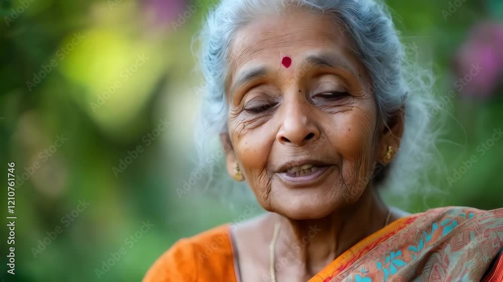 Warm smiles and gentle expressions of elderly woman in colorful saree
