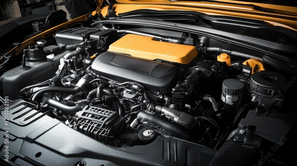 Fototapeta premium A car engine with its hood open, ideal for repair or maintenance scenarios