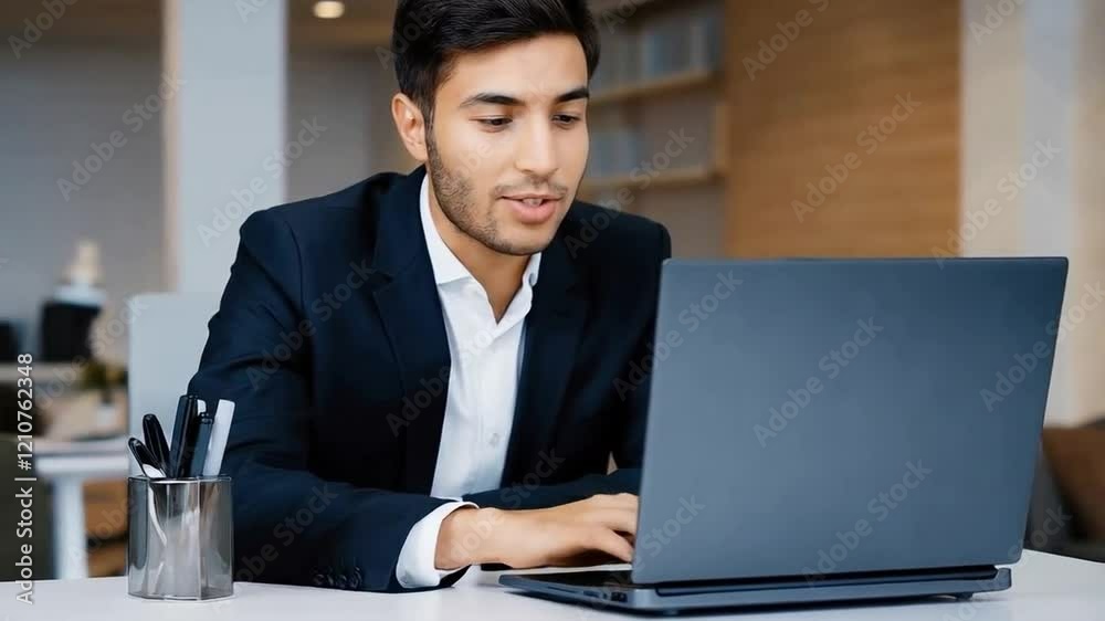 Professional Man Gestures While Engaging in a Virtual Meeting From a Modern Workspace Professional Man Gestures While Engaging in a Virtual Meeting From a Modern Workspace