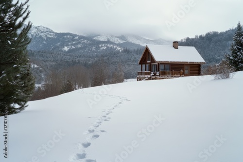 A cozy cabin nestles in a snowy landscape, with a meandering path leading into the serene winter wilderness and misty mountains in the distance.
