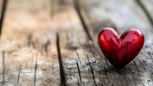 Rustic Red Heart Symbolizing Love Eloquently on Natural Wooden Background : Generative AI photo