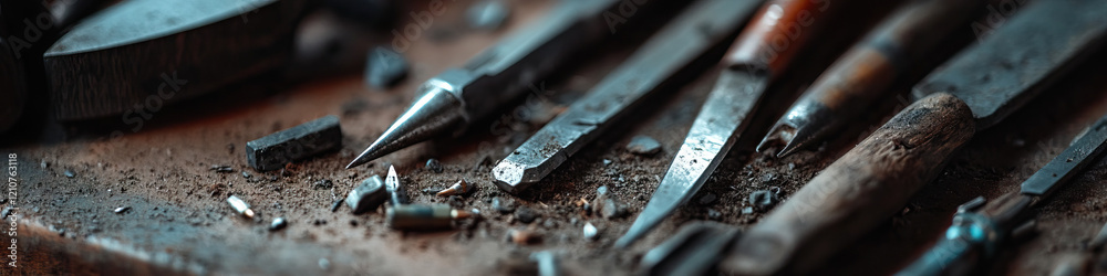 Assortment of Used Hand Tools on Dusty Surface