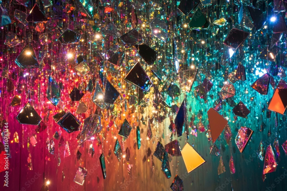 A captivating arrangement of shattered mirrors hangs suspended, capturing and reflecting colorful lights in a mesmerizing display. This artistic installation creates an enchanting atmosphere A captivating arrangement of shattered mirrors hangs suspended, capturing and reflecting colorful lights in a mesmerizing display. This artistic installation creates an enchanting atmosphere