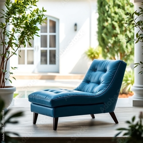 blue leather armchair, luxury house exterior background.