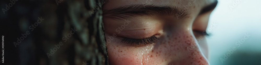 Fototapeta premium Close-up of a Person's Face with Tears, Partially Hidden by Tree Bark