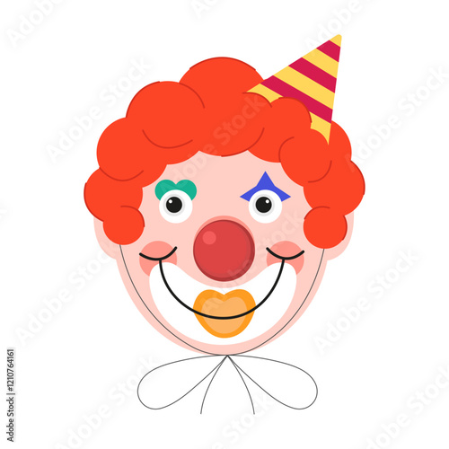 Clown vector illustration, on white background. Portrait of clown with red wig. Clown in birthday cap.