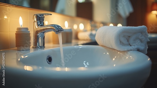 Elegant Bathroom Setting With Flowing Water, a Warm Candle, and Fresh Towels During a Serene Evening