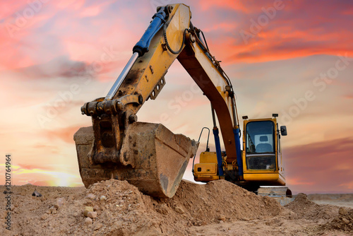 Wallpaper Mural Excavator on earthmoving at construction site. Backhoe dig pit foundation.  Construction machinery and equipment on groundwork. Road work Torontodigital.ca