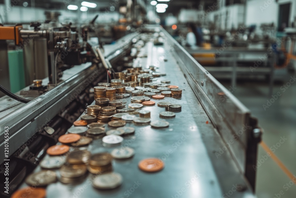 Obraz premium Coins scattered along a conveyor belt in a factory setting evoke a sense of industry, production, and economic activity.