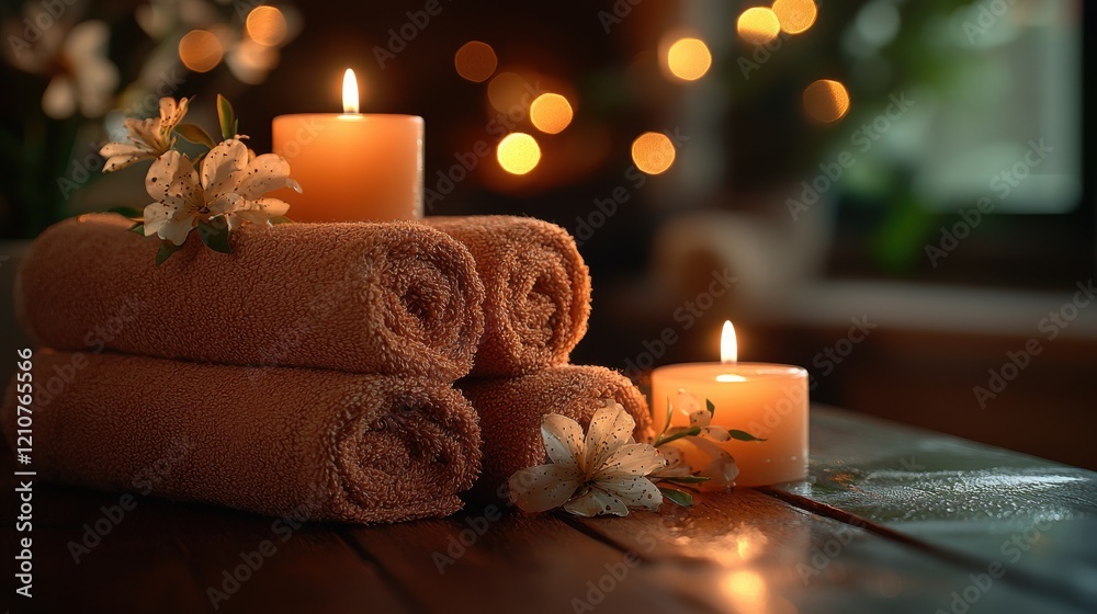 Soft towels and candles create a tranquil atmosphere in a spa-like setting during the evening hours Soft towels and candles create a tranquil atmosphere in a spa-like setting during the evening hours